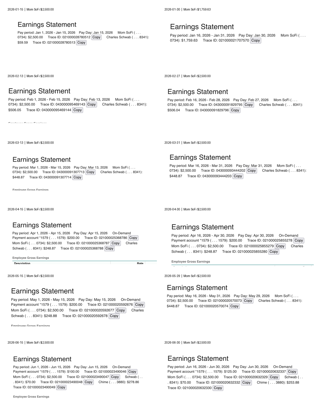 2026 earnings statements showing Mom SoFi deposits